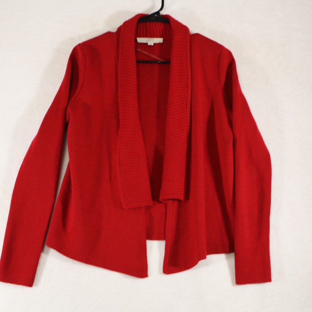 LOFT Women's S Red Open Front Cardigan Shawl Collar Knit Sweater Layering Piece